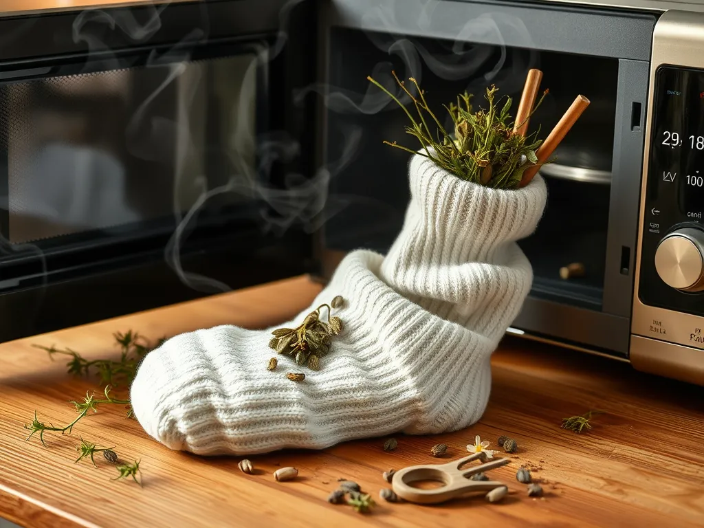 A cozy sock filled with herbs inside a microwave demonstrating self-care uses of your microwave.
