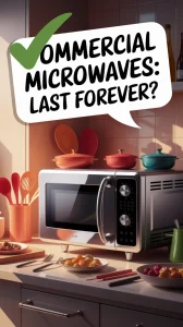 A commercial microwave in a kitchen setting, questioning its longevity for microwave shelf life.