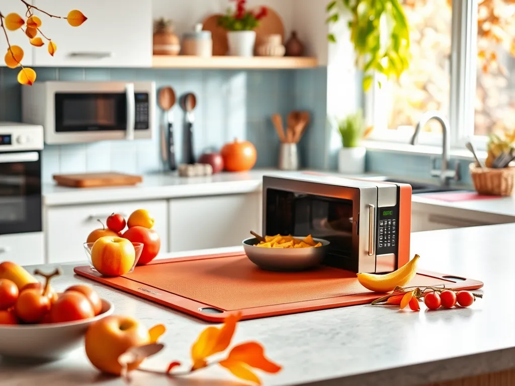 Silicone baking mat placed in a kitchen with a microwave, demonstrating safe use in cooking.