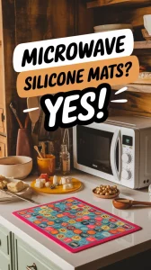 A vibrant silicone baking mat on a kitchen counter, illustrating that silicone mats are microwave safe.