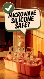 Silicone ice cube tray placed near a microwave, questioning if microwaving silicone is safe.