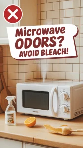 Microwave in kitchen with cleaning supplies illustrating why bleach should not be used to eliminate odors.