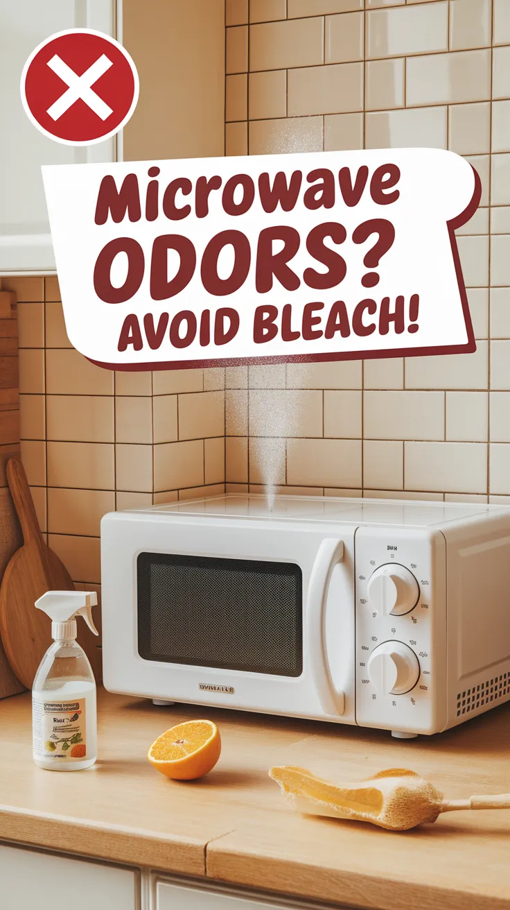 Microwave in kitchen with cleaning supplies illustrating why bleach should not be used to eliminate odors.