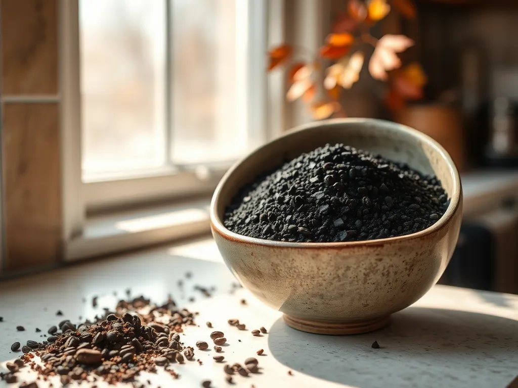 Bowl of coffee grounds used for microwave smell removal, contributing to worsening odors.