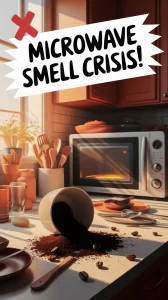 Spilled coffee grounds in a kitchen highlighting microwave smell removal issues