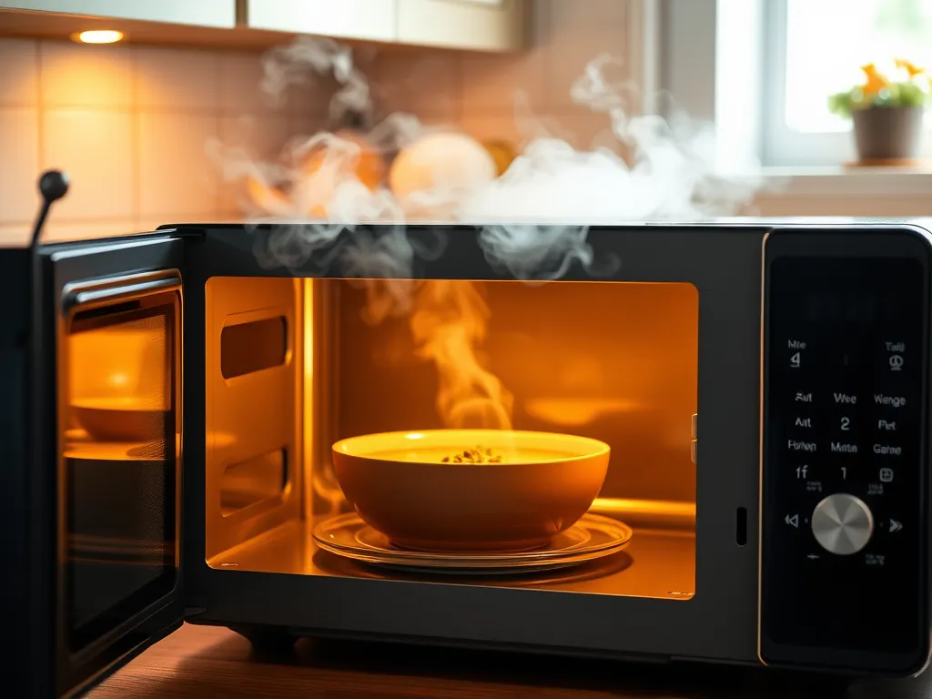 A bowl of soup being reheated in a microwave, illustrating poor reheating practices that can shorten microwave lifetime.