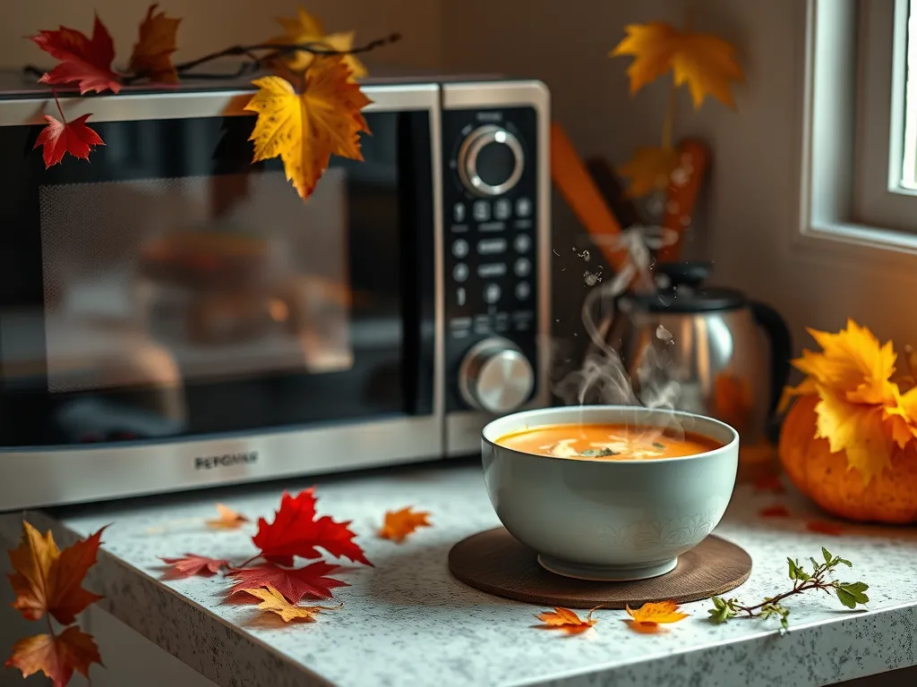 A steaming bowl of soup next to a microwave, illustrating the importance of correct reheating methods to prevent microwave damage.
