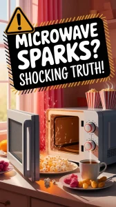 A microwave sparking with popcorn and snacks around, illustrating the reasons why microwaves spark.