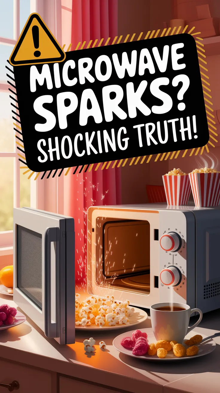 A microwave sparking with popcorn and snacks around, illustrating the reasons why microwaves spark.