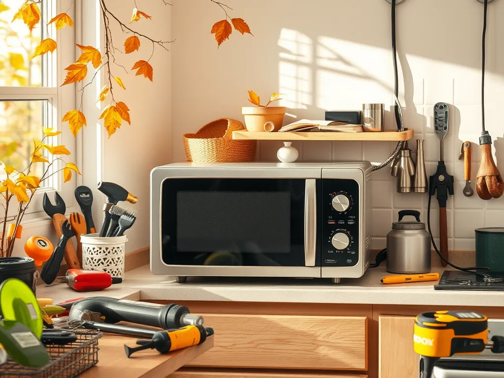 Image of a kitchen with a microwave, illustrating issues related to microwave sparking when empty and grounding wire problems.