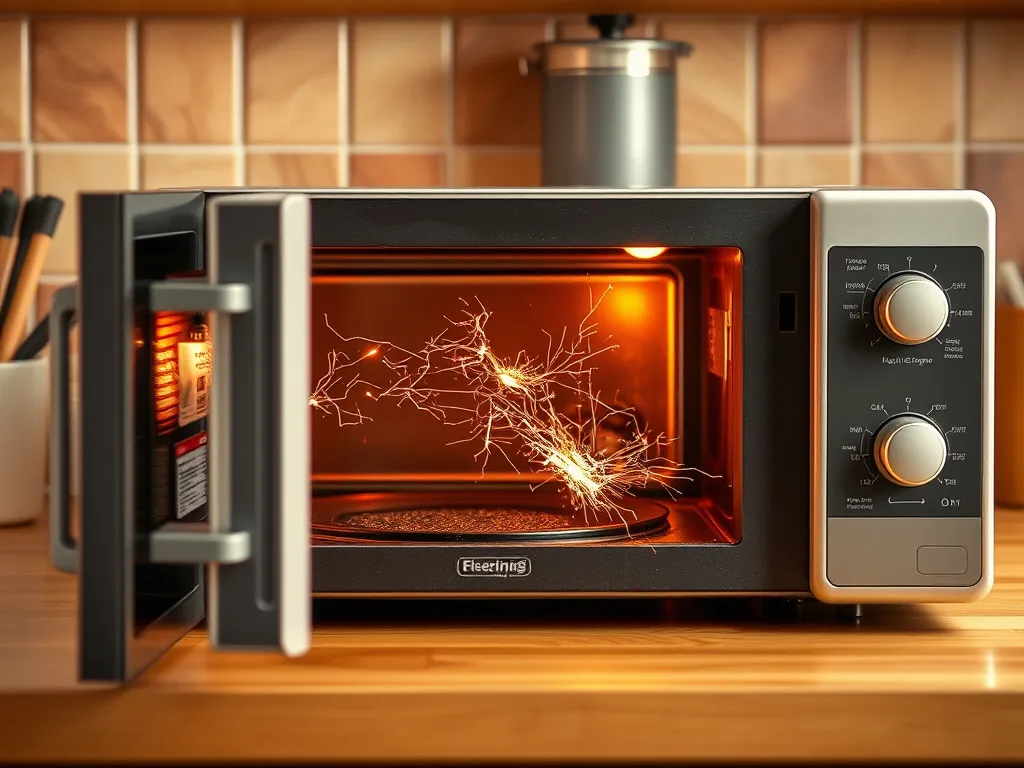 Illustration of a microwave sparking inside during operation, highlighting the need for a $3 fix.