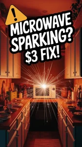 A kitchen with a microwave sparking, emphasizing a $3 fix for microwave issues.
