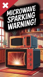 Illustration of a microwave sparking when empty, highlighting the dangers of microwave use without food.