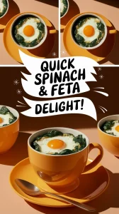 A delicious 2-minute microwave spinach and feta egg mug with an egg on top.