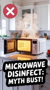 A microwave with steam and a warning symbol, illustrating the myth of microwave disinfection.