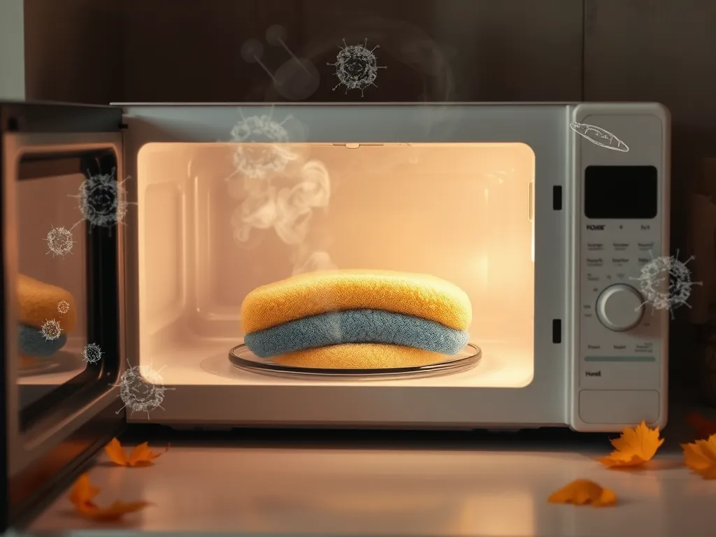 A sponge being microwaved, illustrating the myth of microwave sterilization for disinfecting.