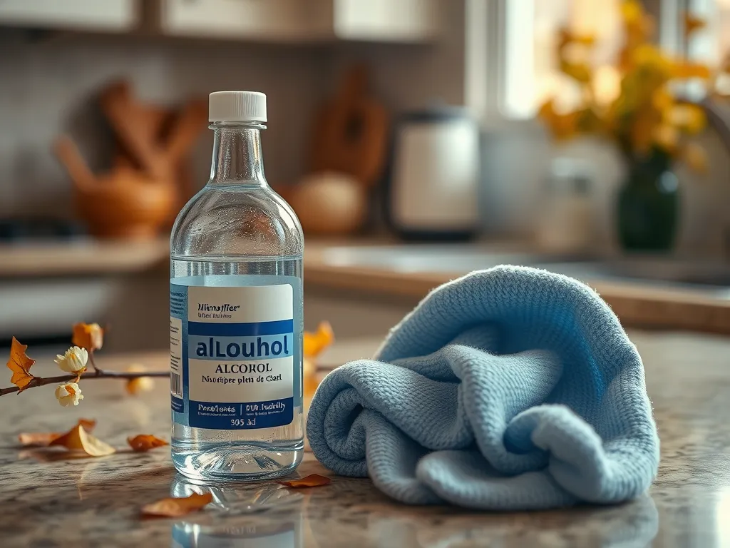 A bottle of rubbing alcohol and a cloth, used for removing stickers that may void microwave warranty.