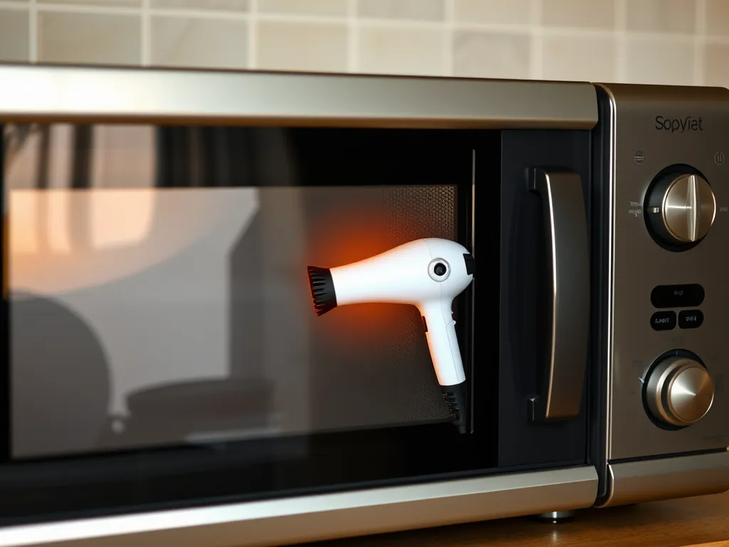 A hairdryer being used inside a microwave to remove warranty stickers