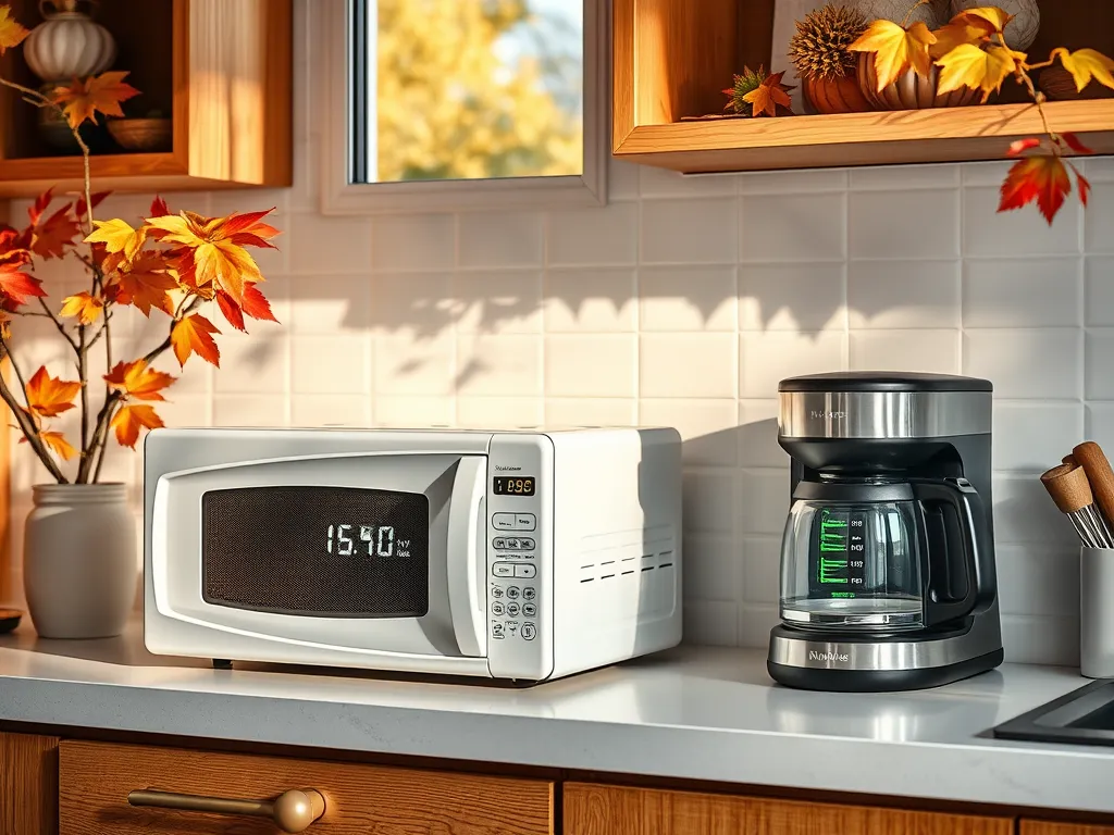Microwave and coffee maker in a kitchen setting highlighting energy usage and unplugging savings.