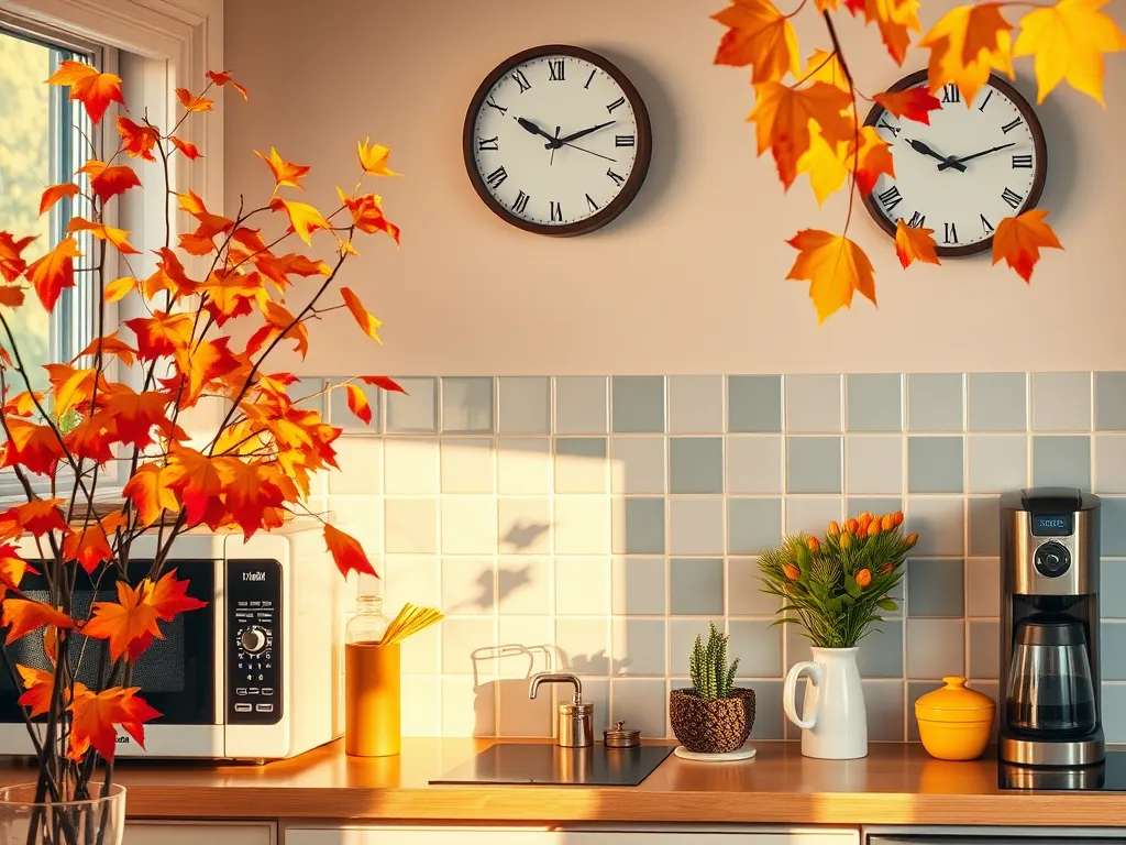 A cozy kitchen scene featuring a microwave and seasonal decor, emphasizing potential savings by unplugging appliances.