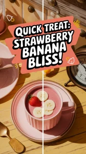 Delicious microwave strawberry banana mug filled with creamy blend topped with strawberries and bananas.