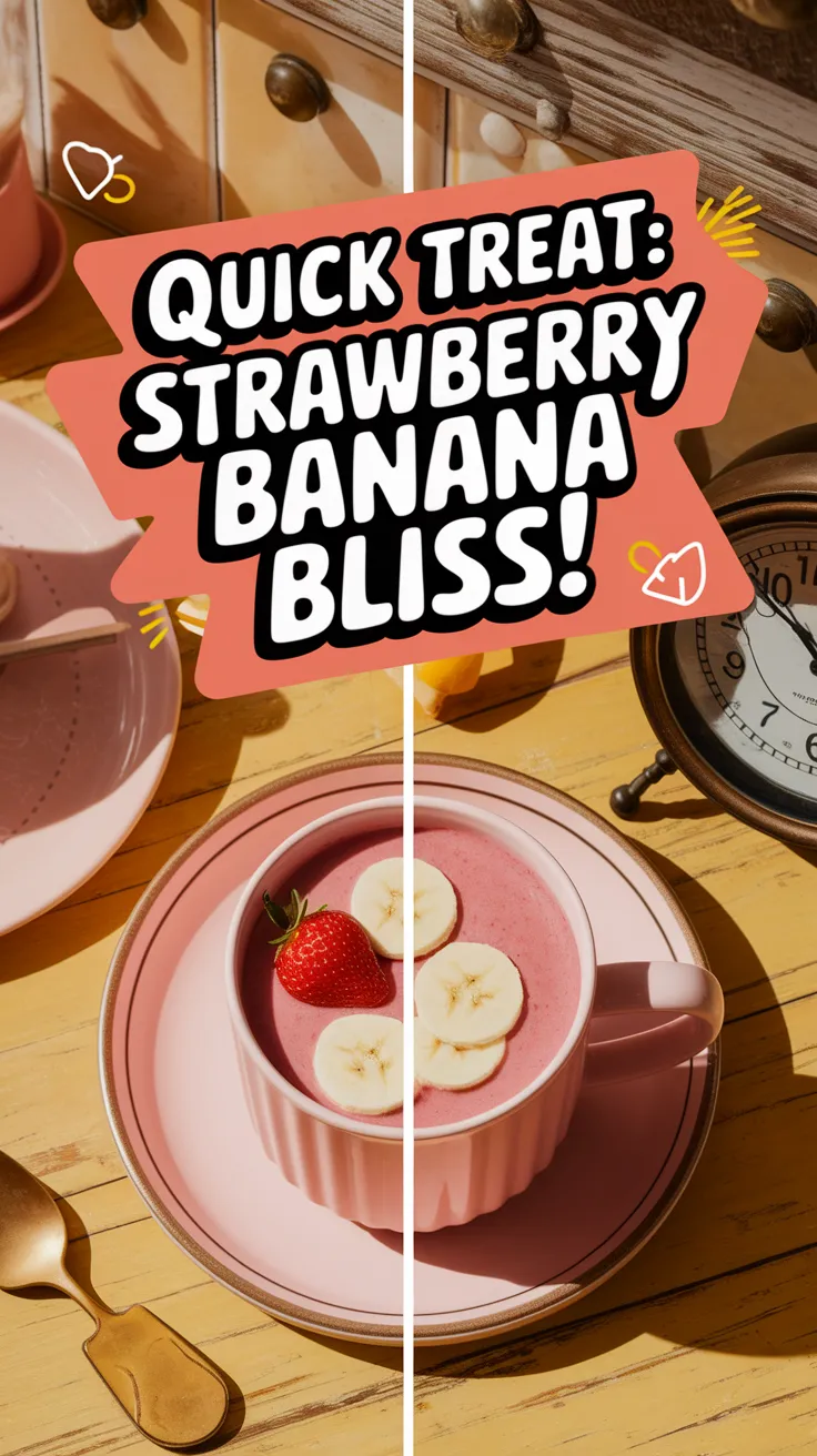 Delicious microwave strawberry banana mug filled with creamy blend topped with strawberries and bananas.