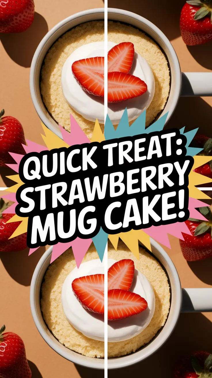 Delicious microwave strawberry shortcake mug topped with whipped cream and strawberries