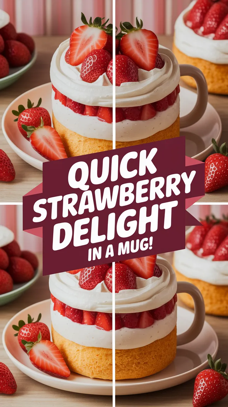 Delicious 2-Minute Microwave Strawberry Shortcake Mug topped with fresh strawberries and whipped cream