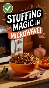 Bowl of stove top stuffing next to a microwave, showcasing how to cook stuffing in a microwave.