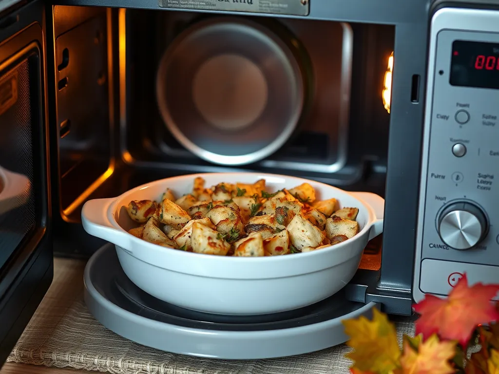 A microwave with a dish of stuffing ready to be cooked, showcasing how to make stuffing in the microwave.