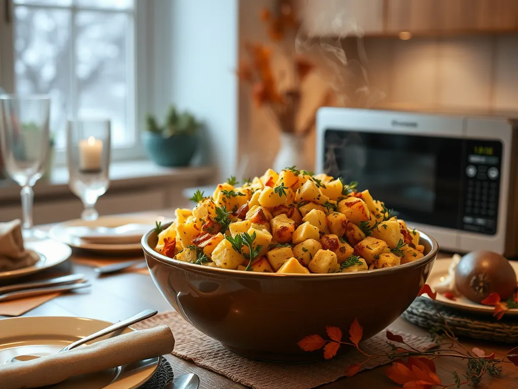 Delicious microwave stuffing with herbs in a bowl next to a microwave.