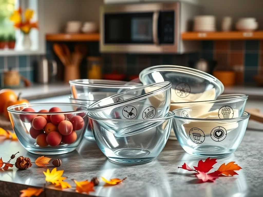 Glass bowls with microwave symbols for safe use of Anyday cookware