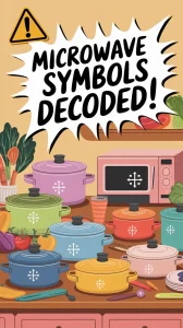 Illustration showing various cookware items with decoded microwave symbols for safe use