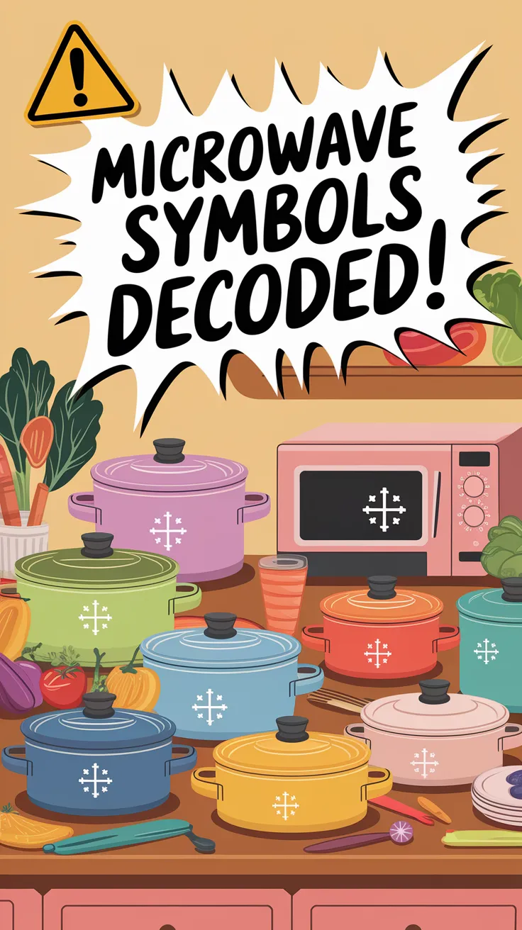 Illustration showing various cookware items with decoded microwave symbols for safe use