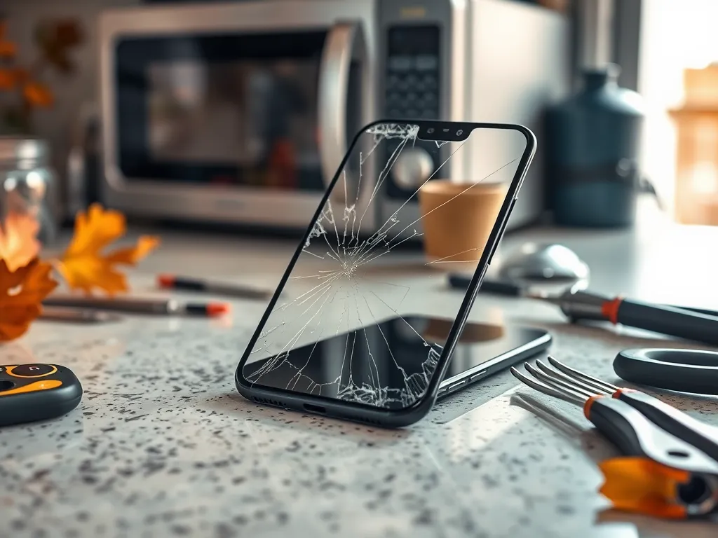 Tempered glass screen with cracks positioned near a microwave, discussing phone repairs.