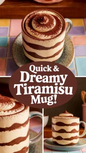 Delicious 2-Minute Microwave Tiramisu Mug topped with cocoa