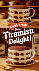 Delicious microwave tiramisu mug dessert topped with cocoa powder.