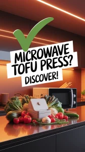 A kitchen scene featuring a tofu press and various vegetables, discussing the benefits of microwaving tofu presses for easier preparation.