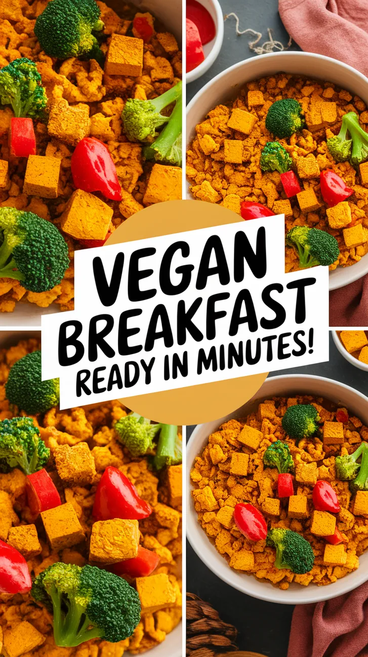 Colorful vegan tofu scramble with broccoli and tomatoes, ready in 2 minutes.