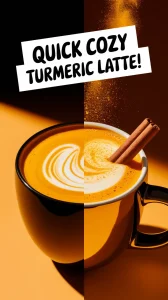 Delicious 2-minute microwave turmeric golden milk latte in a black mug with cinnamon.