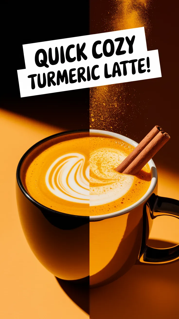 Delicious 2-minute microwave turmeric golden milk latte in a black mug with cinnamon.