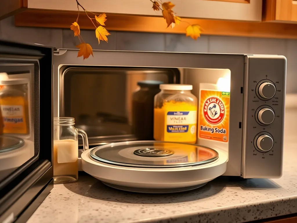 Disgusting microwave turntable with vinegar and baking soda for cleaning