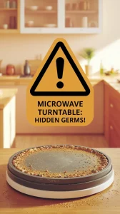 Microwave turntable showing hidden germs and grime to emphasize the need for cleaning.