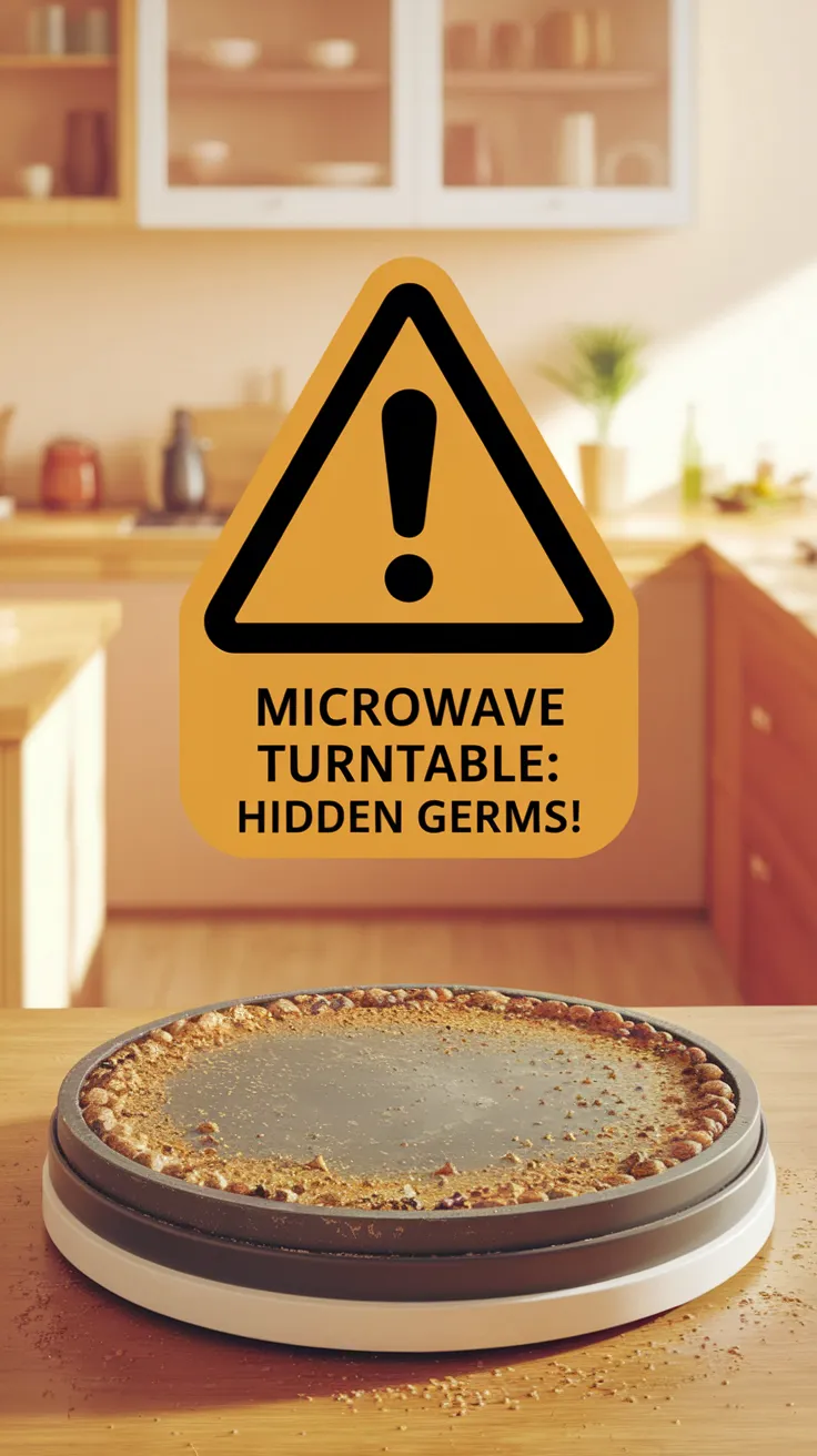 Microwave turntable showing hidden germs and grime to emphasize the need for cleaning.