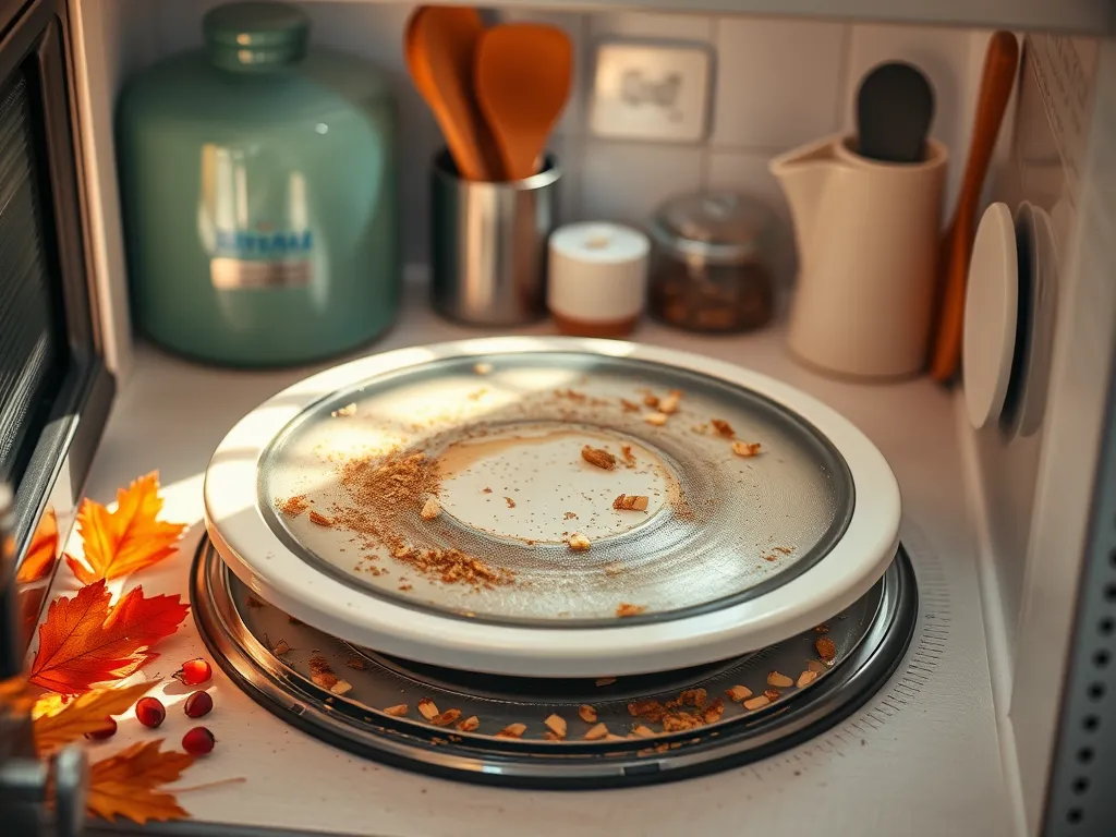 A microwave turntable with crumbs, illustrating a common issue with jammed turntables.