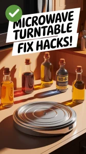 A microwave turntable with lubricant bottles showcasing solutions to microwave turntable noise.