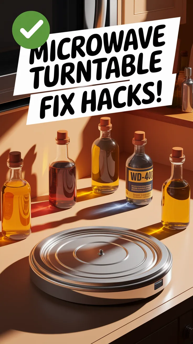 A microwave turntable with lubricant bottles showcasing solutions to microwave turntable noise.