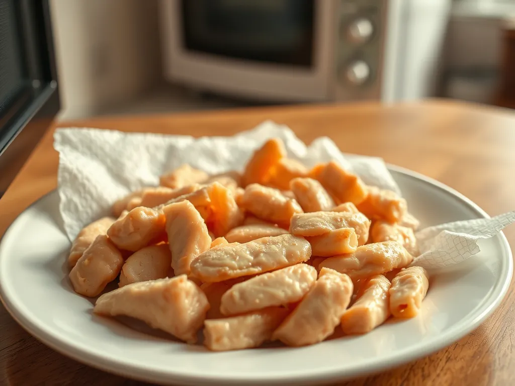 Delicious Tyson chicken strips on a plate, perfect for microwaving.