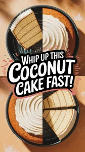 Delicious microwave vanilla coconut cake topped with creamy frosting.