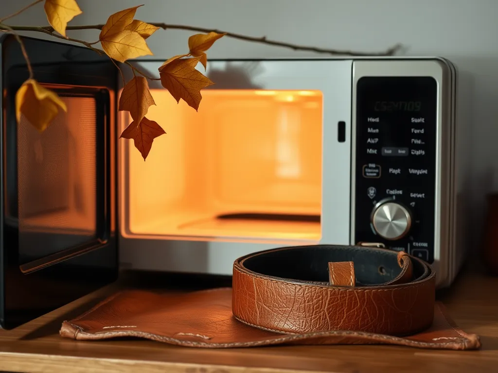 A microwave beside vegetable tanned leather being prepared for softening